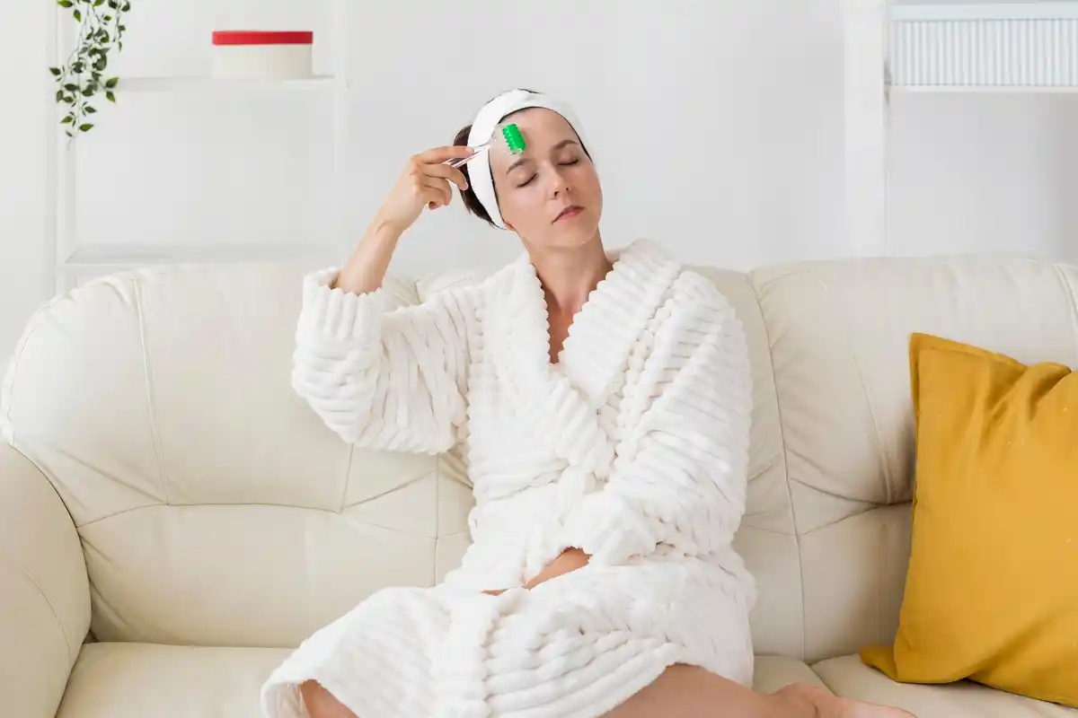 czech woman using ice cubes under eyes in bathroom