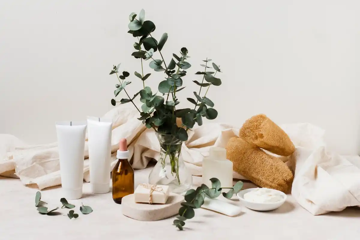Minimalistic skincare products on bathroom shelf Czech