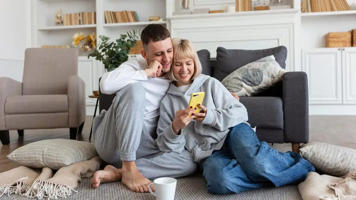 modern czech couple texting each other at home
