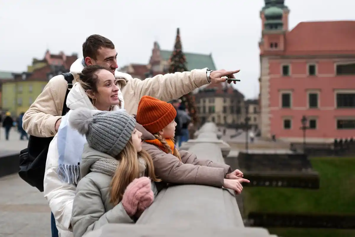 group of young czech people backpacking exploring city center
