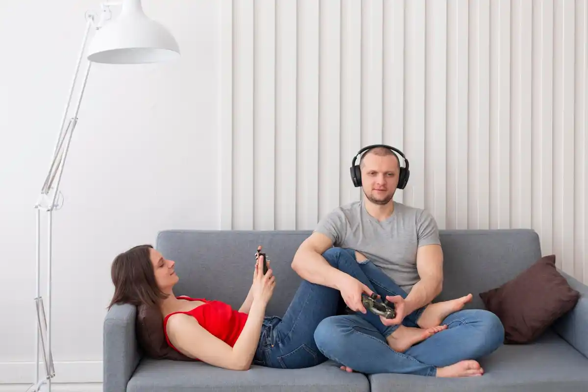 Czech couple active listening living room