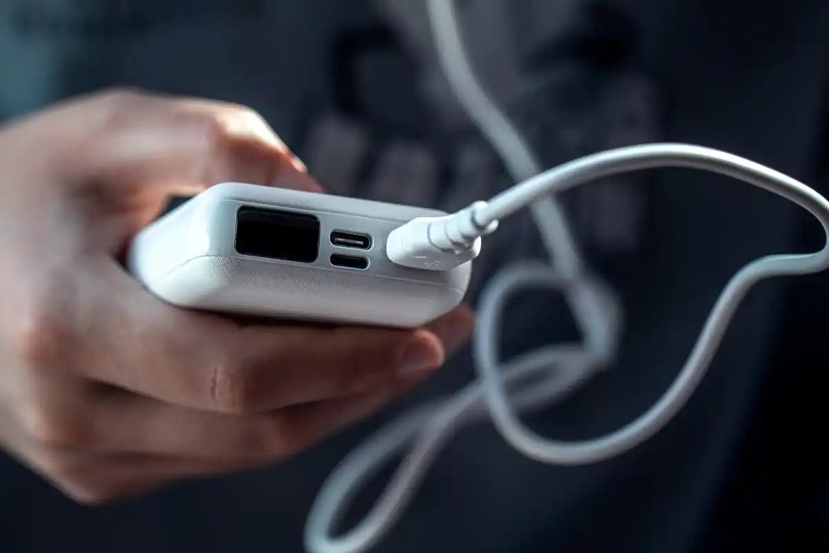 close up power bank technician hands outdoor cable fix