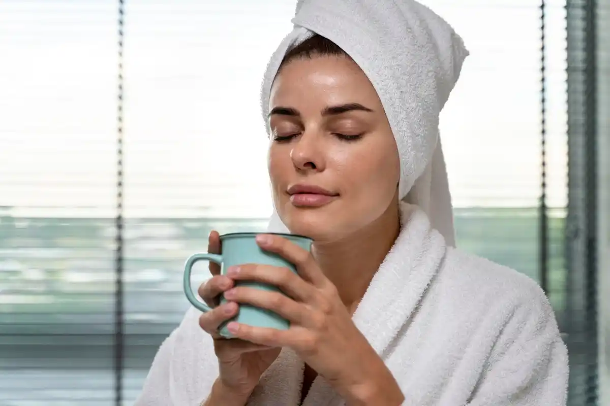 Czech woman unhappy skincare hot water towel bathroom