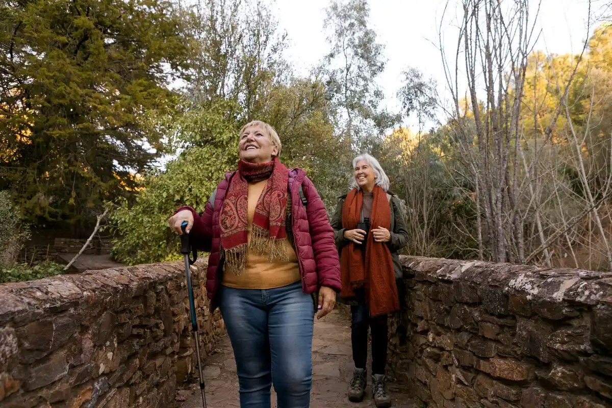 middle aged czech people walking briskly outdoors