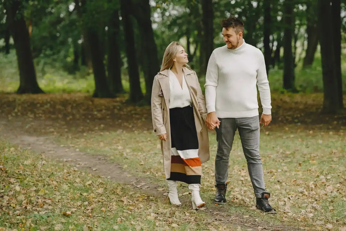 czech couple brisk walking autumn park