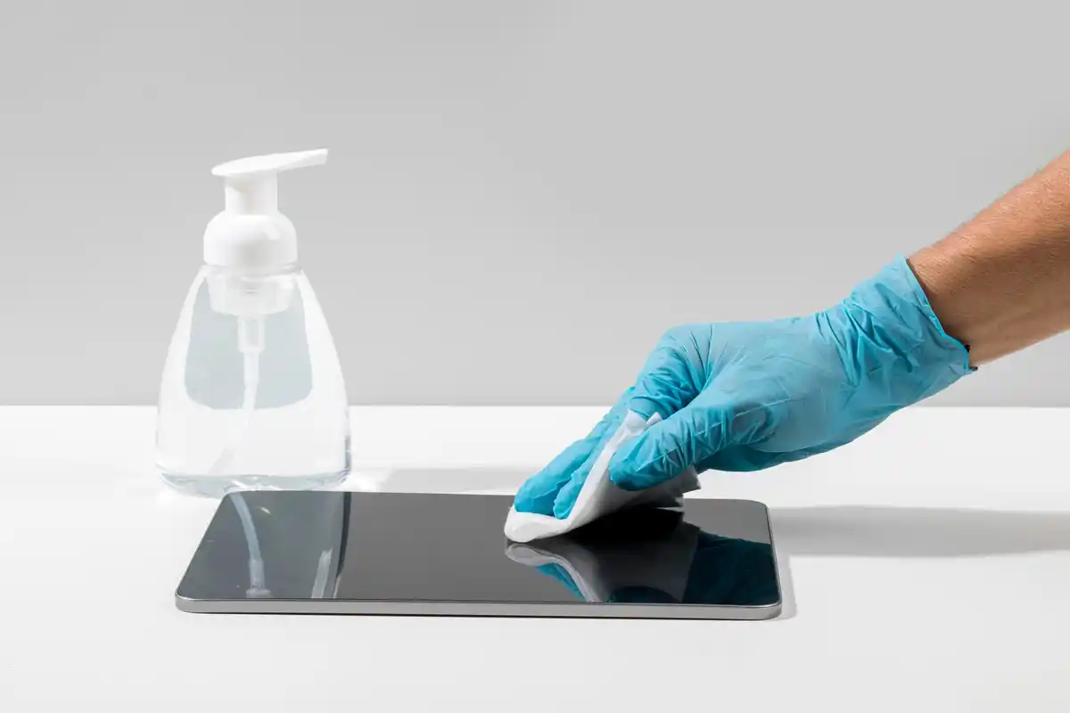 clean phone screen with kitchen glove