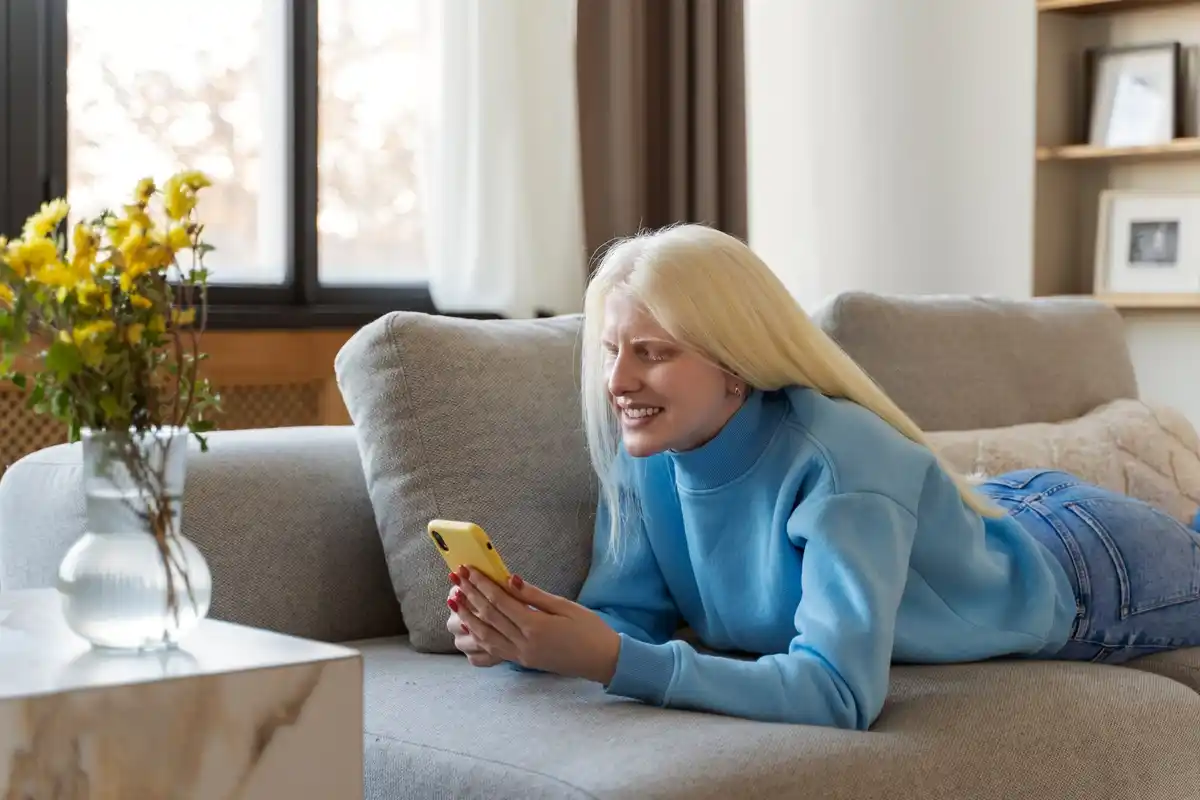 senior citizen using simplified smartphone interface, Czech home