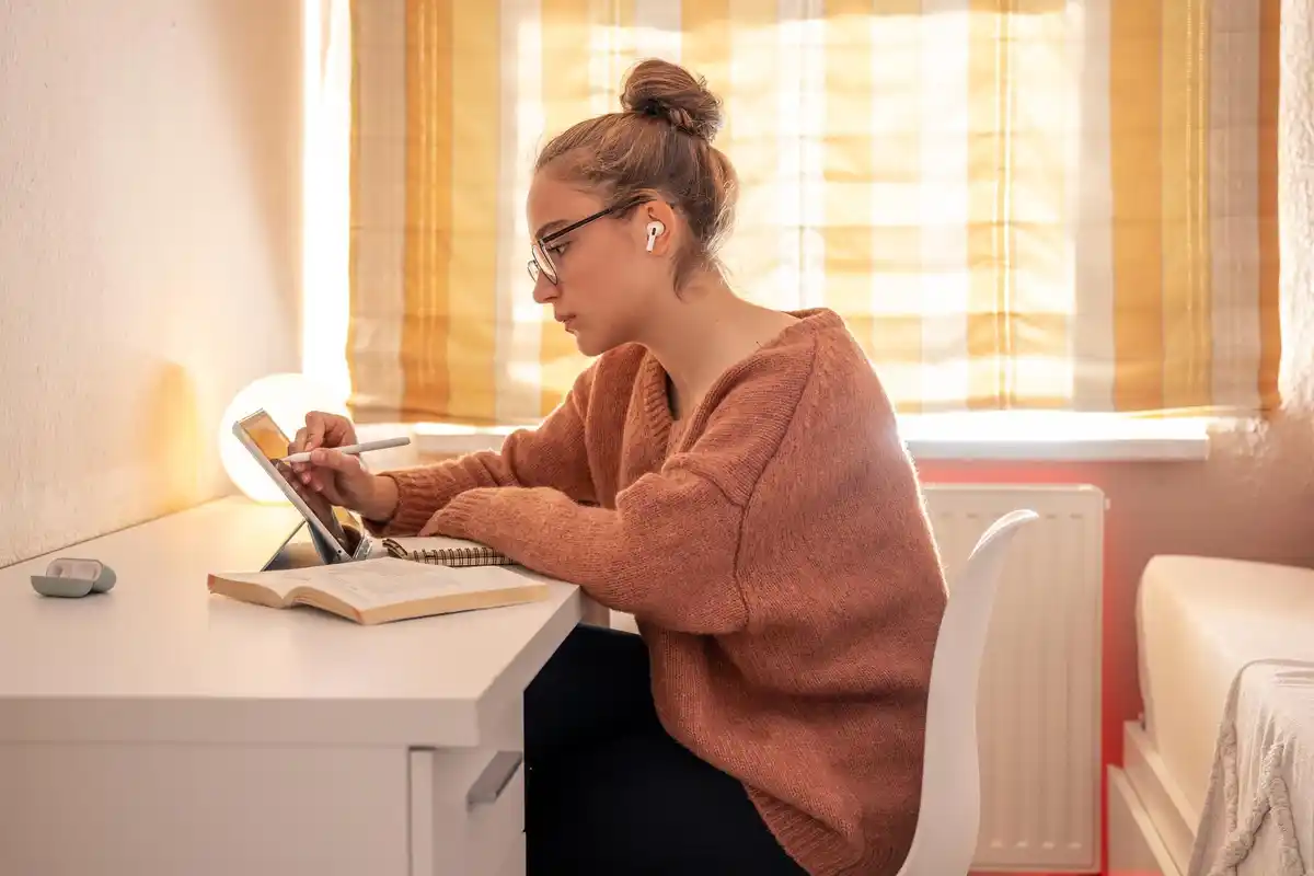 focused person working alone in cozy czech home office