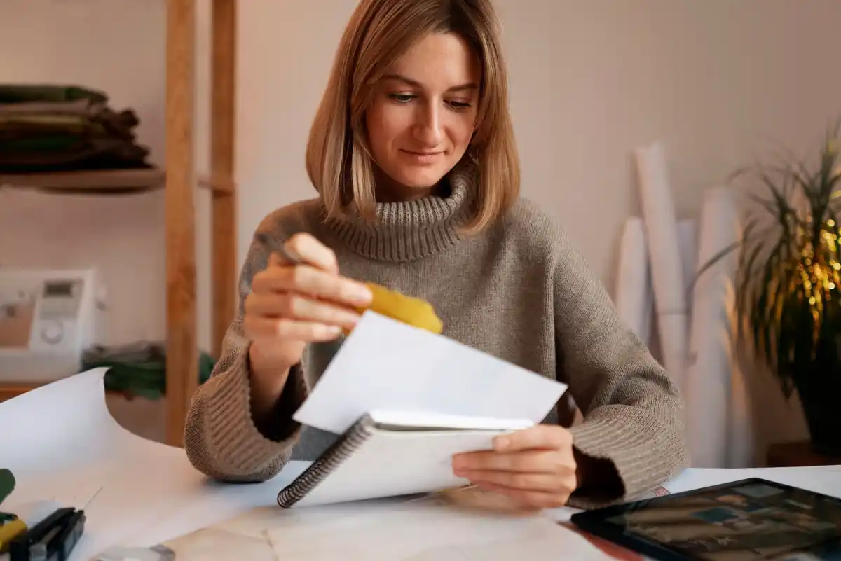 young czech woman organizing bills and envelopes