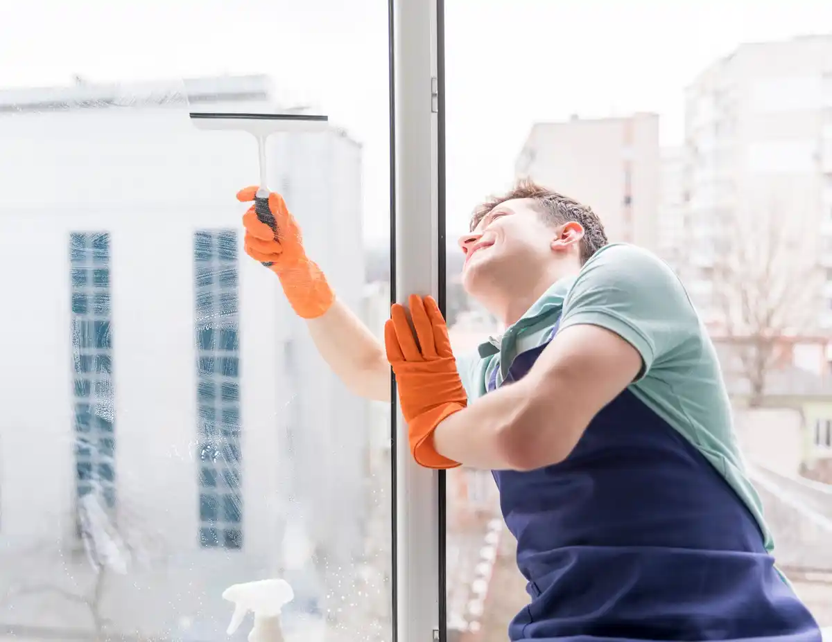 window cleaning with newspaper in Czech home