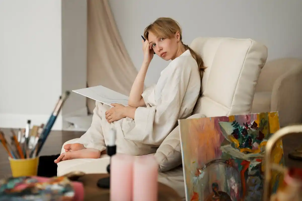 frustrated artist crumpling paper in cozy Czech apartment