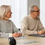 middle-aged Czech couple discussing retirement savings in living room