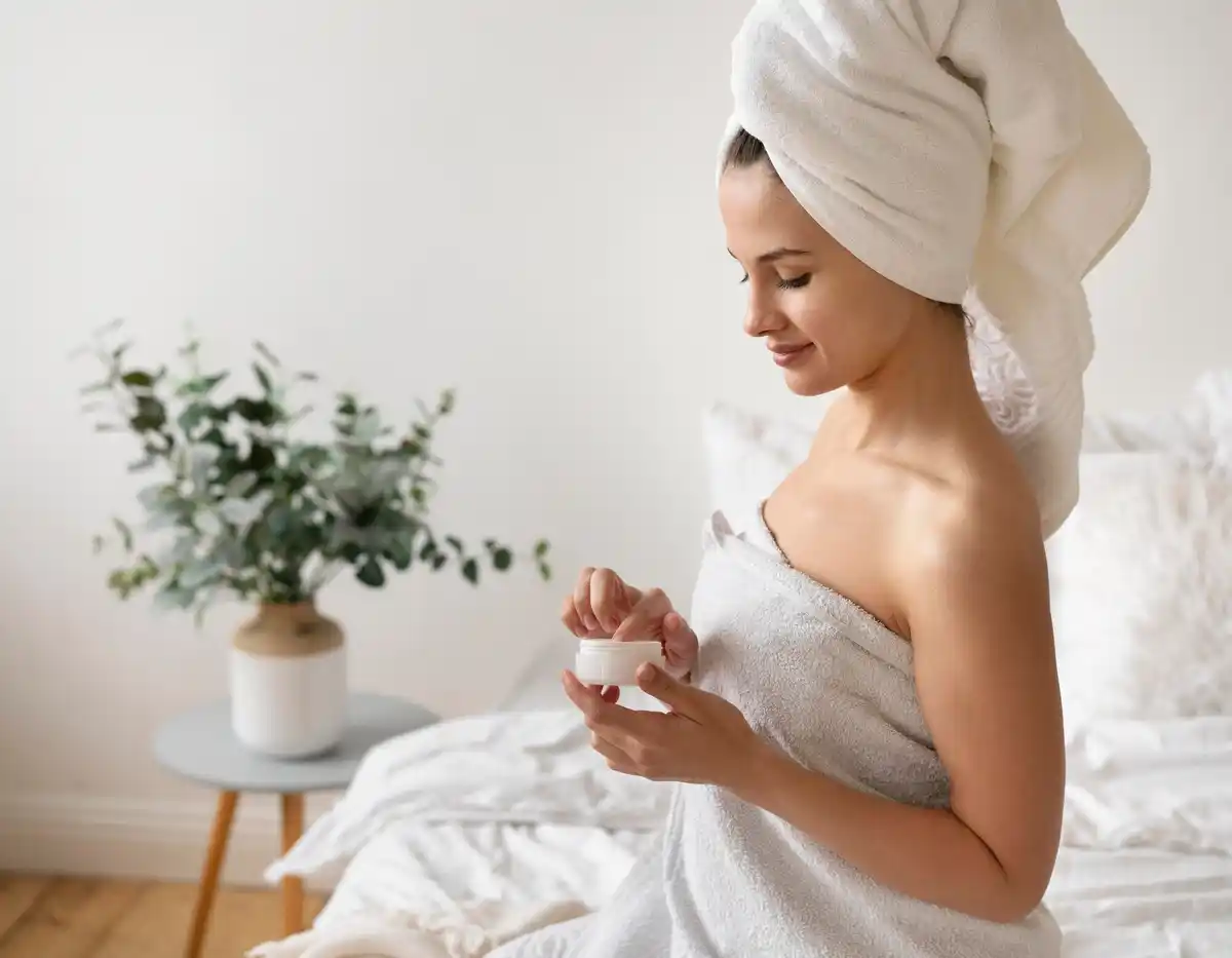 woman applying face moisturizer in winter morning