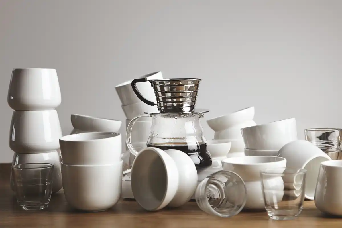 dirty dishes pile Prague home kitchen realistic