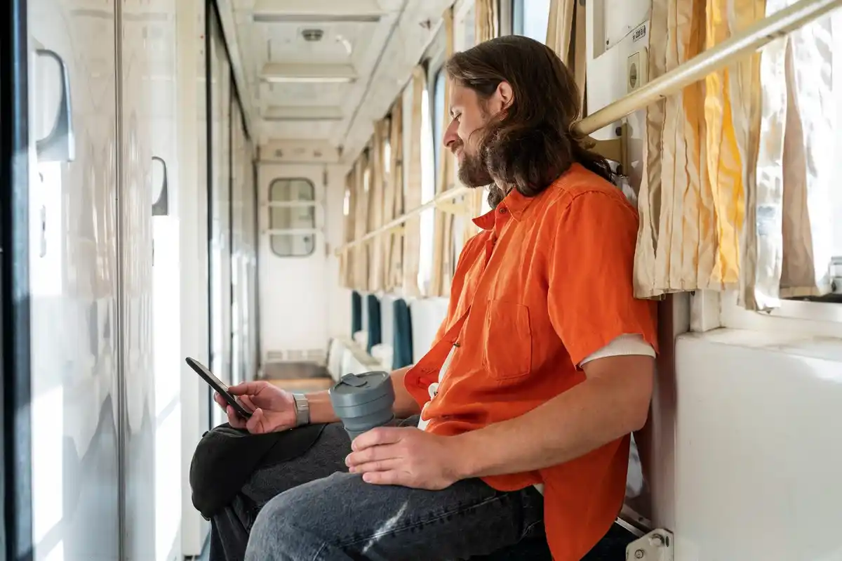 Czech person using budgeting app on mobile in tram