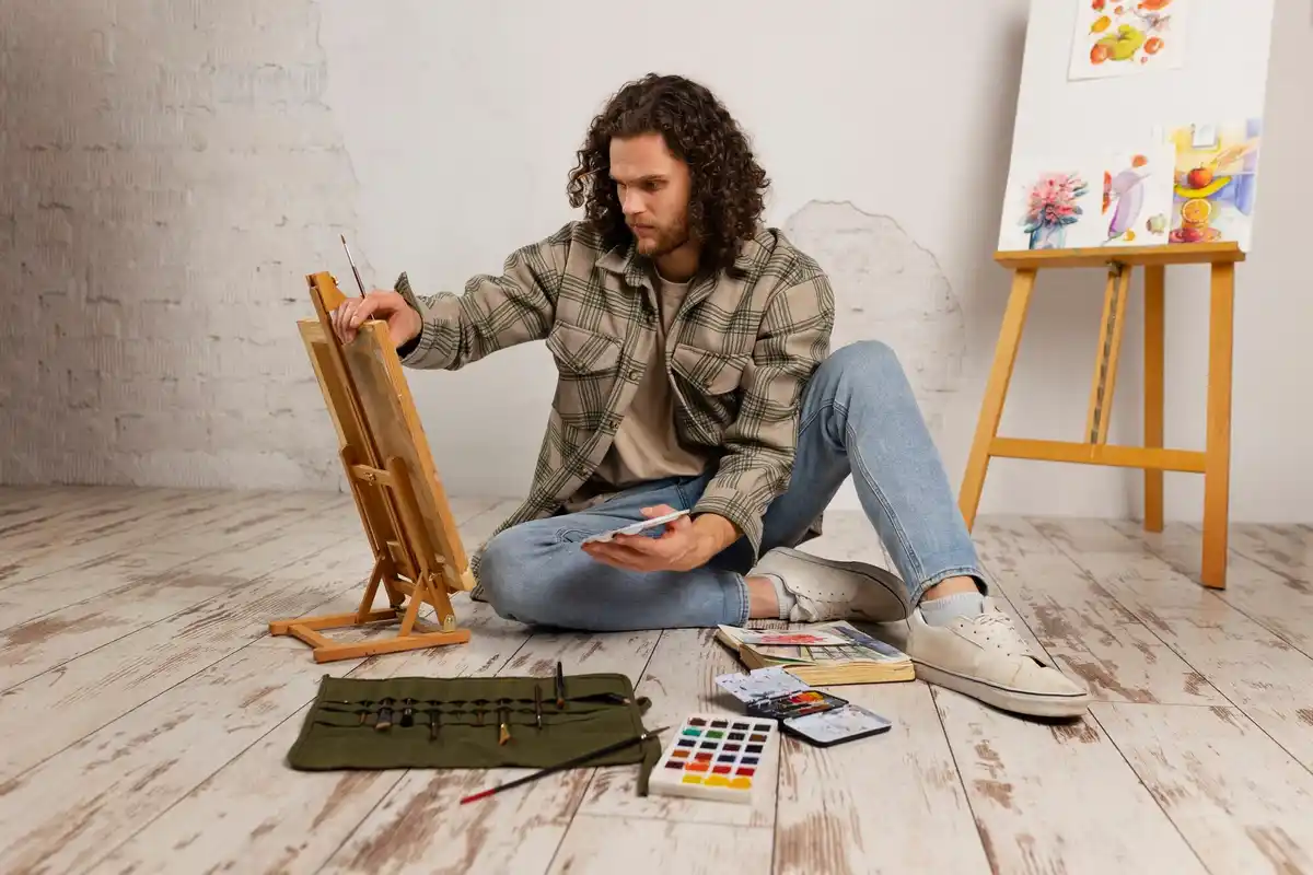 artist painting with improvised materials