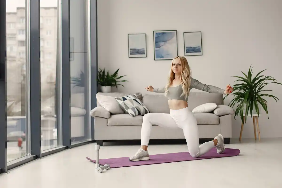 czech home workout living room woman yoga mat