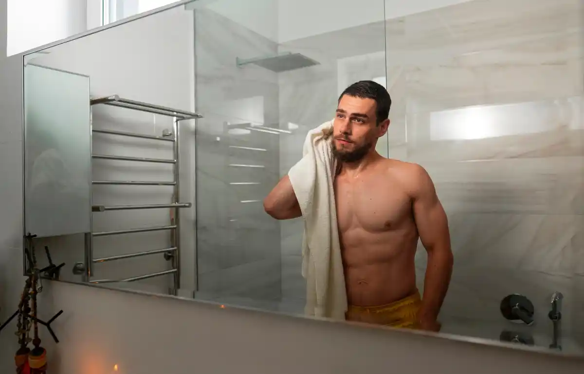 refreshing cold shower morning routine Czech man bathroom