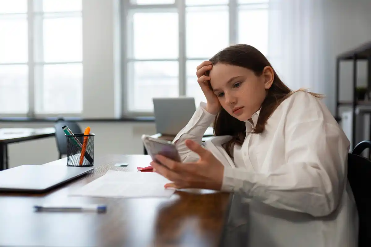 Czech office worker switching between tasks, distracted by messages